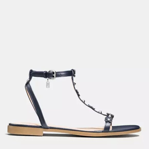 Coach Henriette Floral Rivets Flat Sandals | Navy Leather with Die-Cut Appliqués - Picture 4 of 10